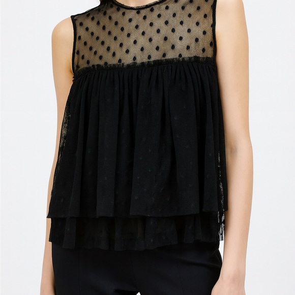 Zara Trafaluc Black Swiss Dot Mesh Tiered Sleeveless Top XS Sheer Romantic - Picture 11 of 11